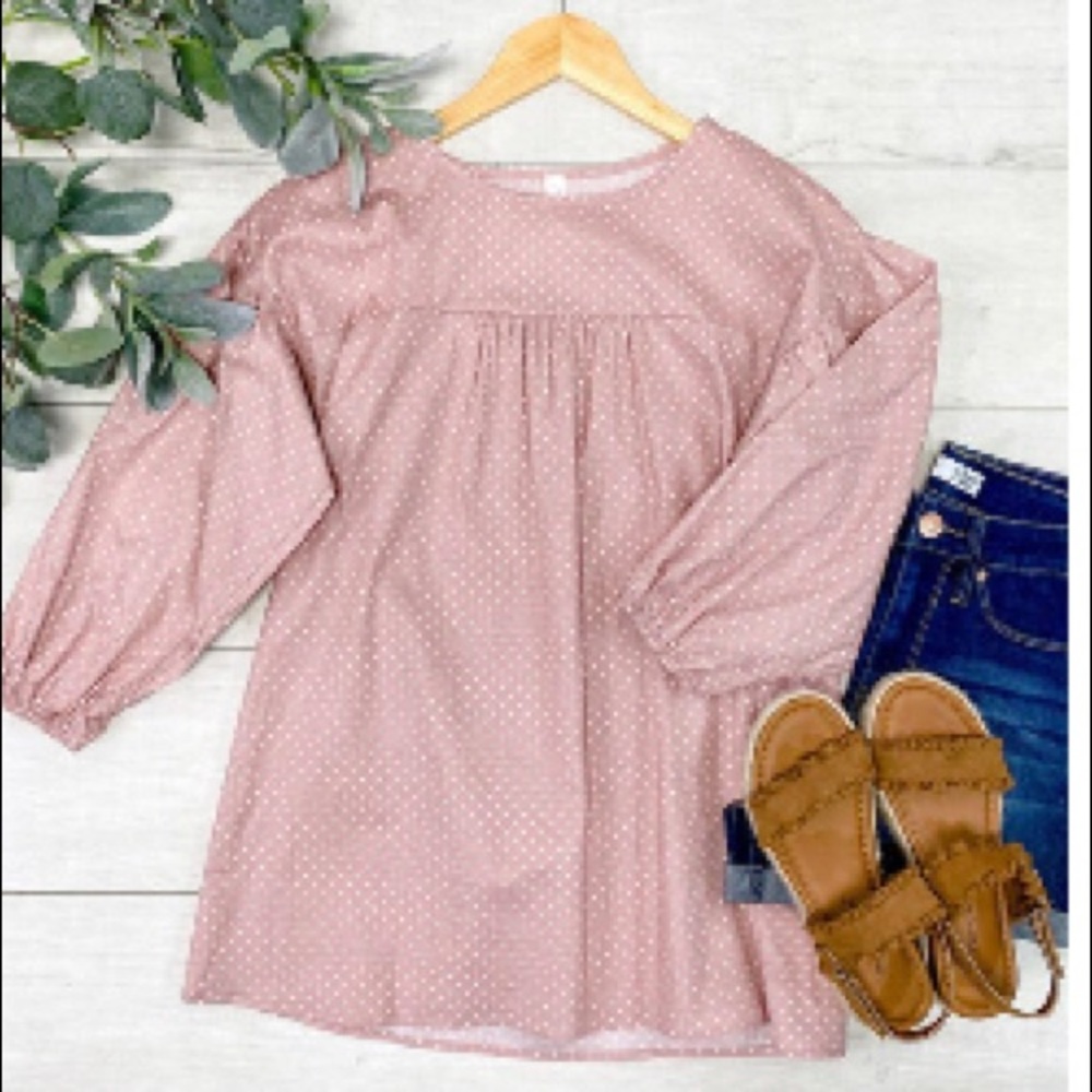5/$25 NWT🌾Blush Bubble Sleeve Polka Dot Blouse Top - Picture 2 of 5